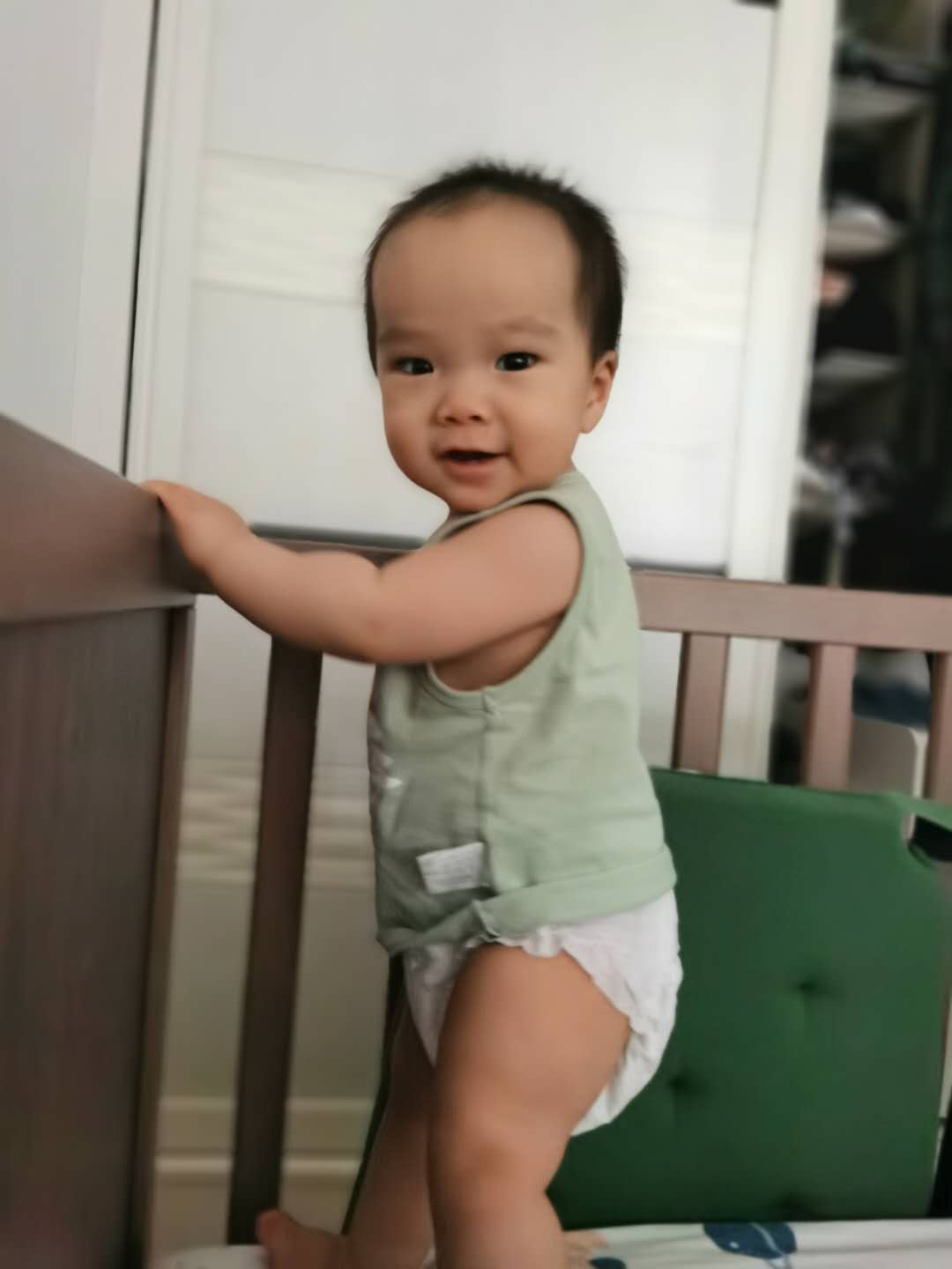 Cocoa Bean stood up with the support of his crib.